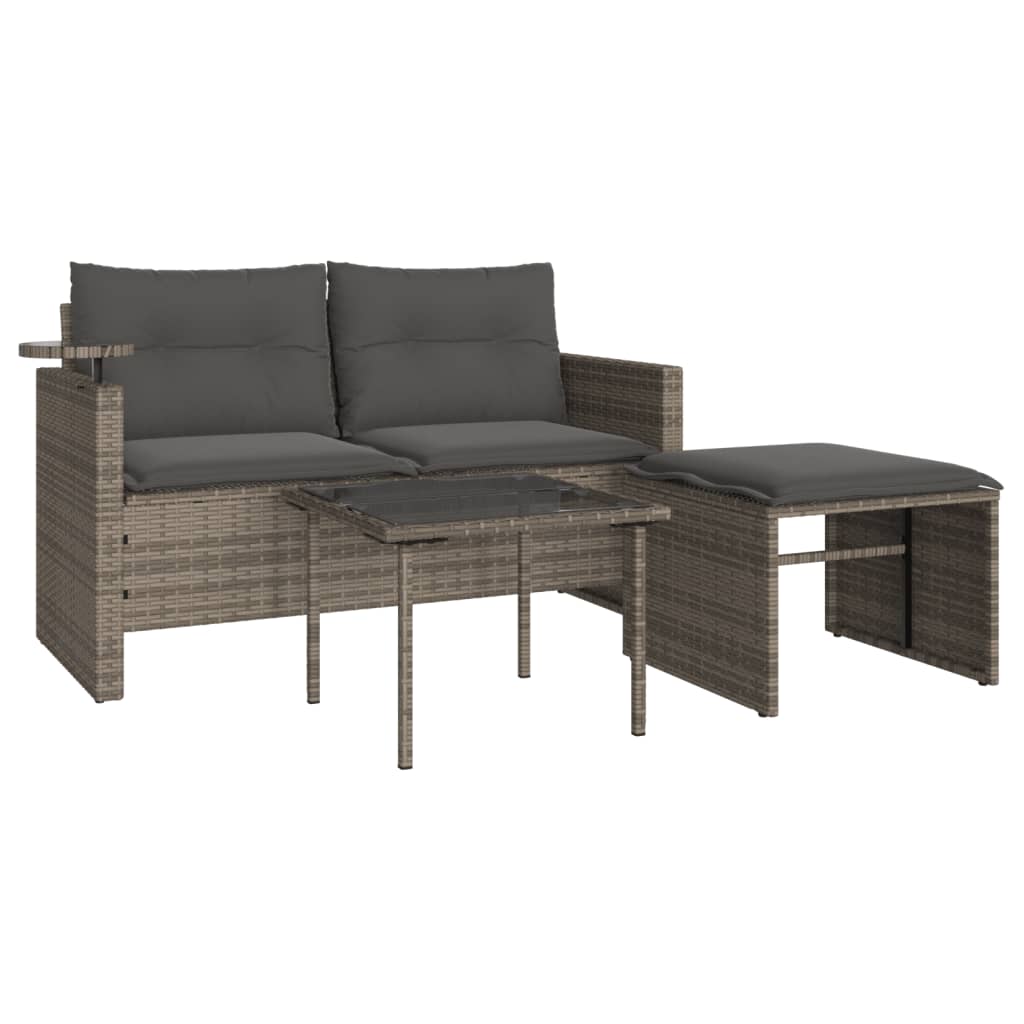 3-delige Loungeset met kussens poly rattan grijs