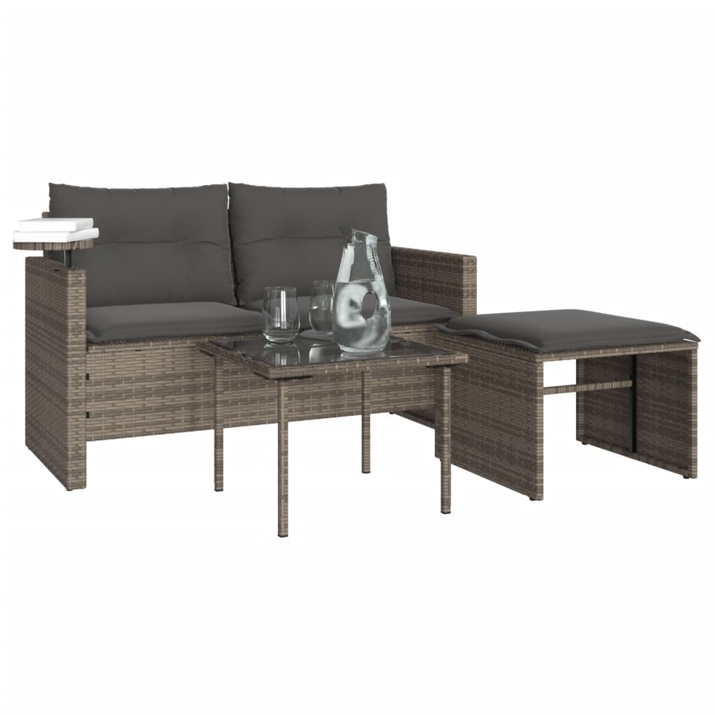 3-delige Loungeset met kussens poly rattan grijs