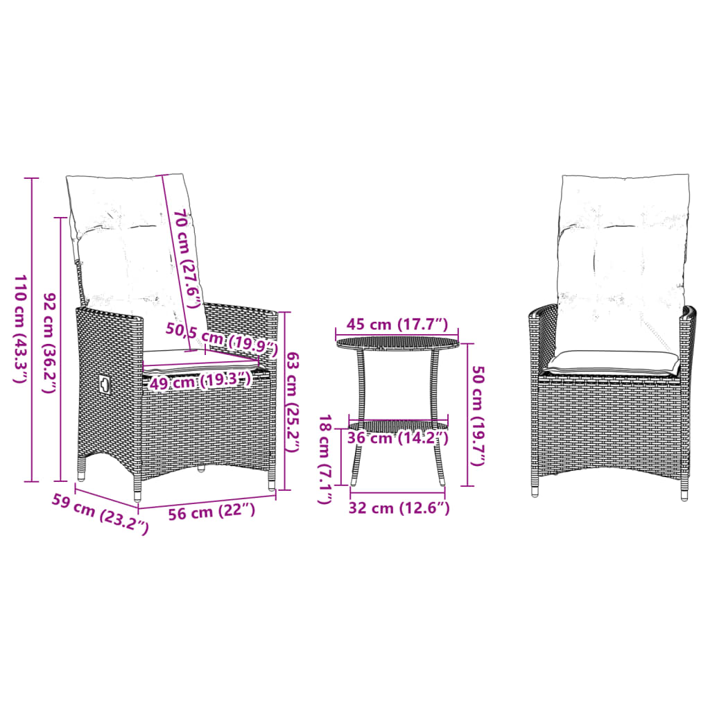 3-delige Bistroset met kussens poly rattan zwart