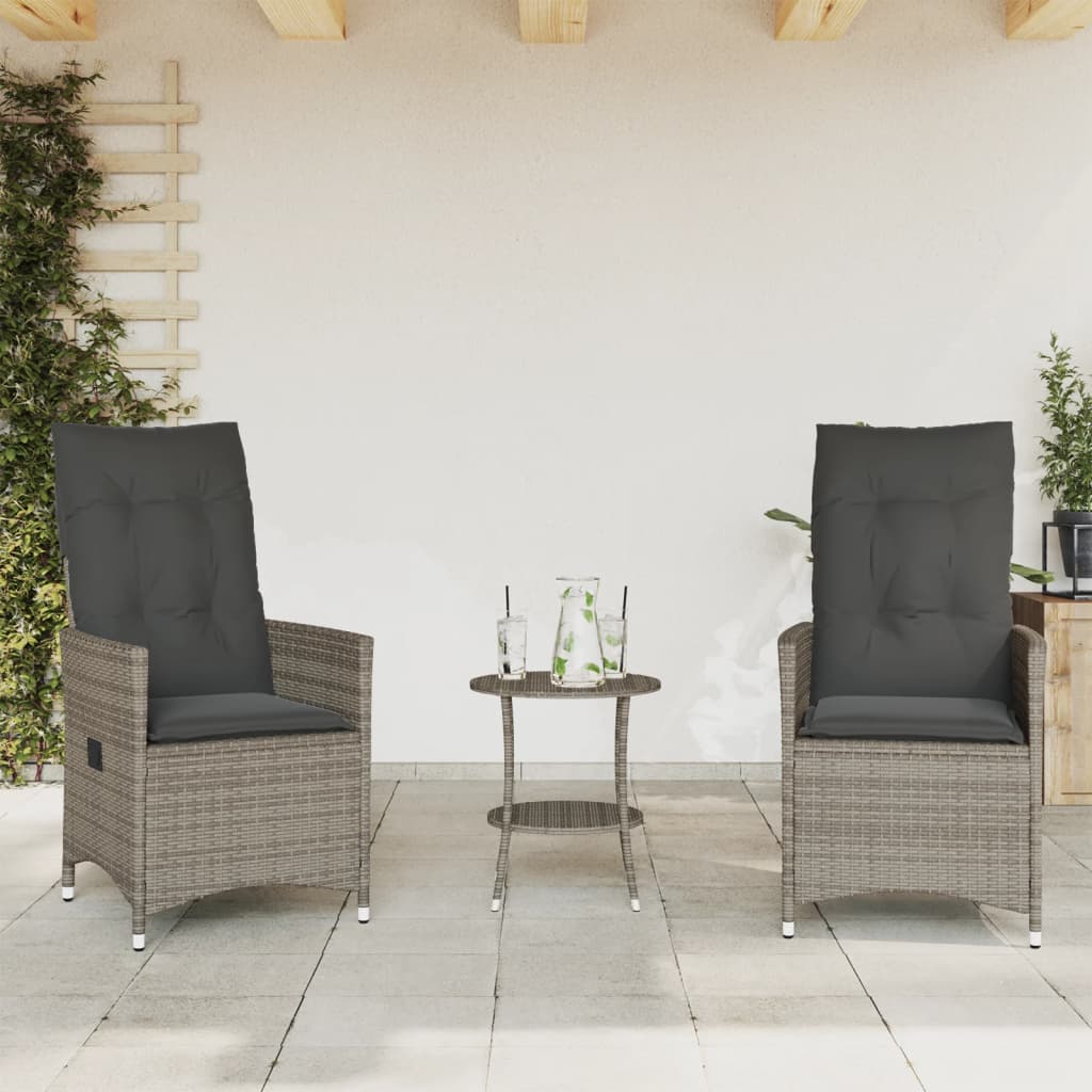 3-delige Bistroset met kussens poly rattan grijs