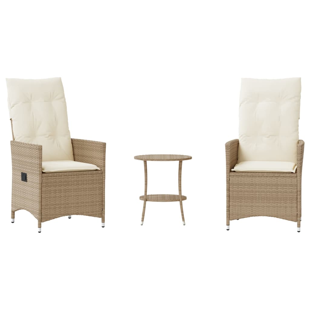 3-delige Bistroset met kussens poly rattan beige