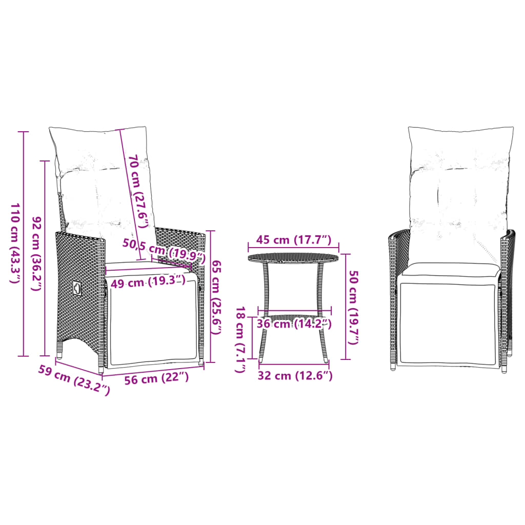 3-delige Bistroset met kussens poly rattan zwart