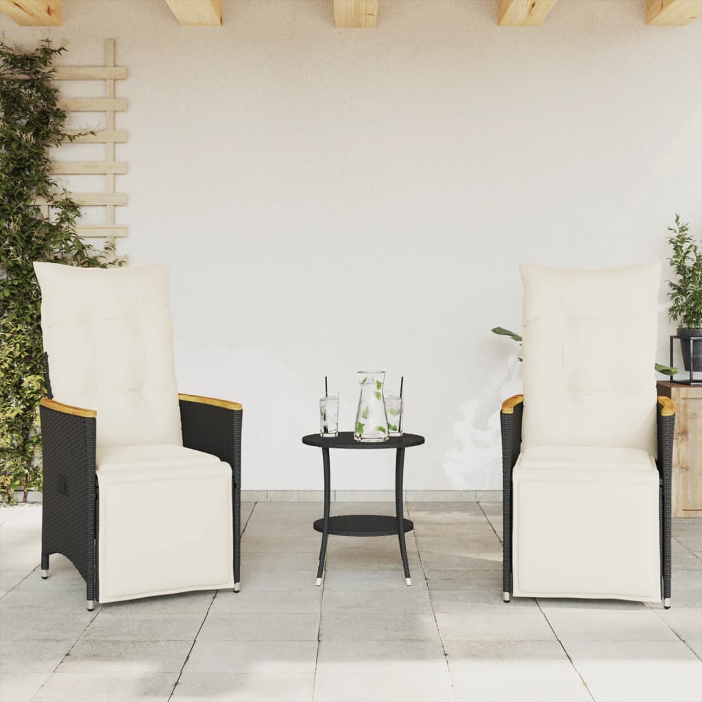 3-delige Bistroset met kussens poly rattan zwart