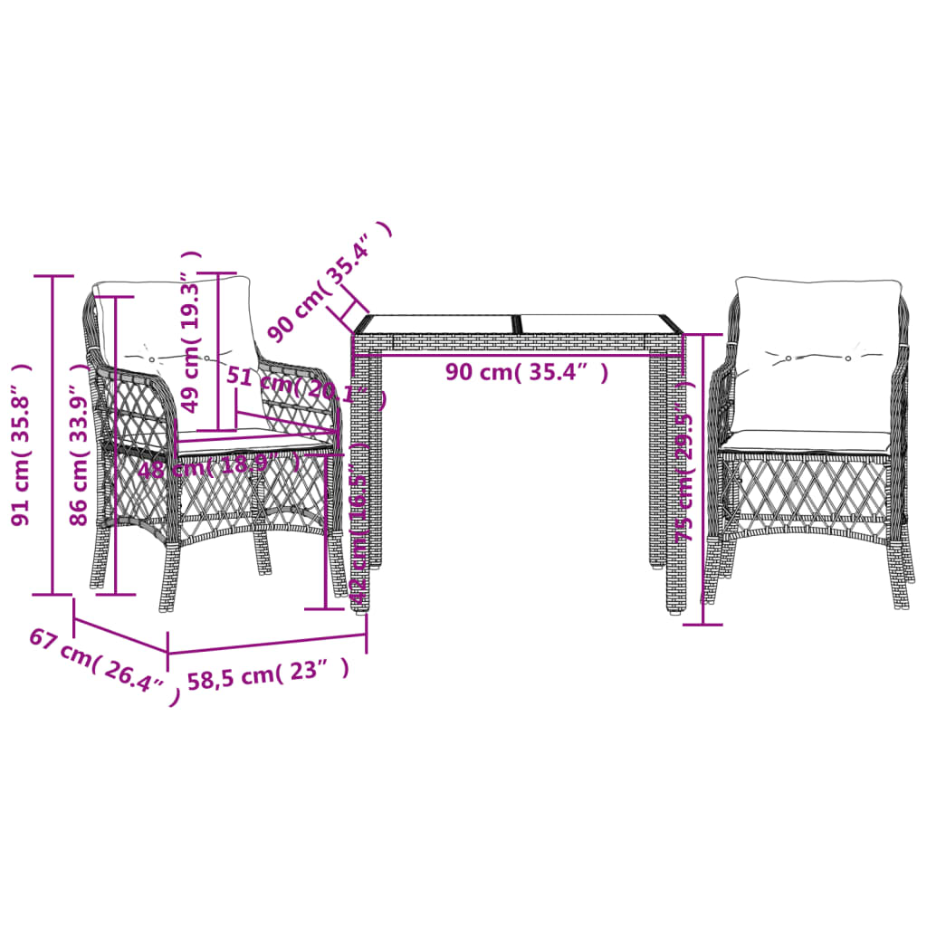 3-delige Bistroset met kussens poly rattan zwart