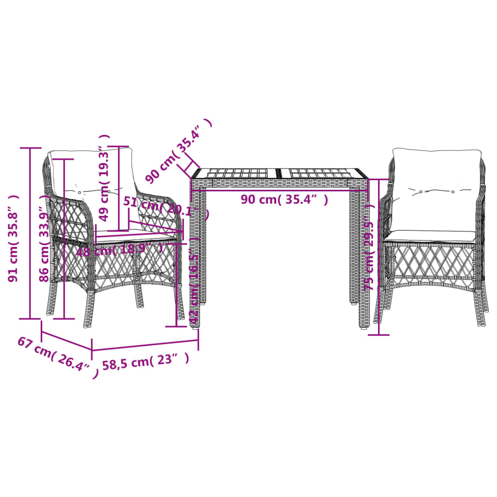 3-delige Bistroset met kussens poly rattan grijs