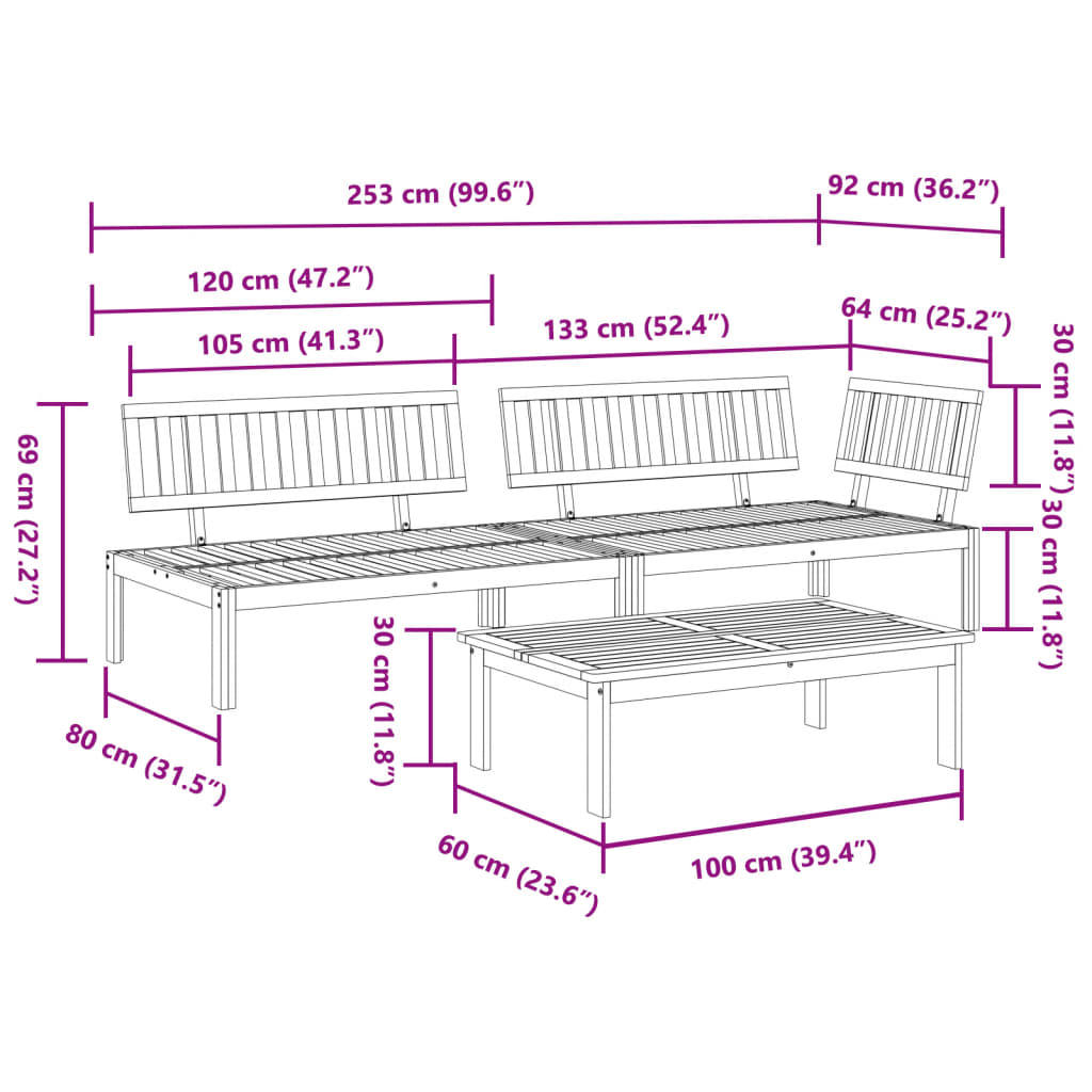 3-delige Loungeset pallet massief acaciahout