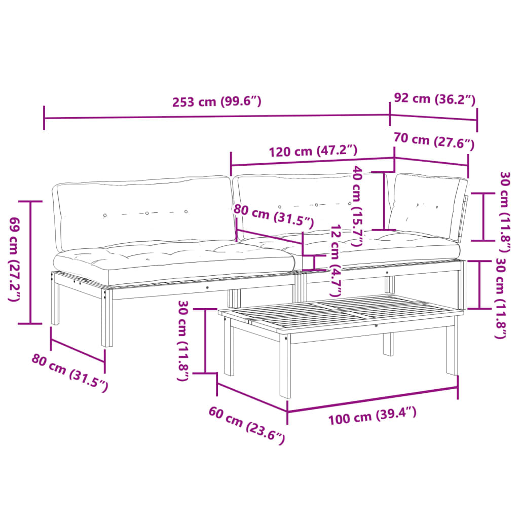 3-delige Loungeset pallet met kussens massief acaciahout