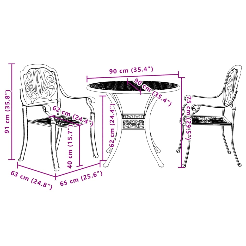 3-delige Bistroset gietaluminium bronskleurig