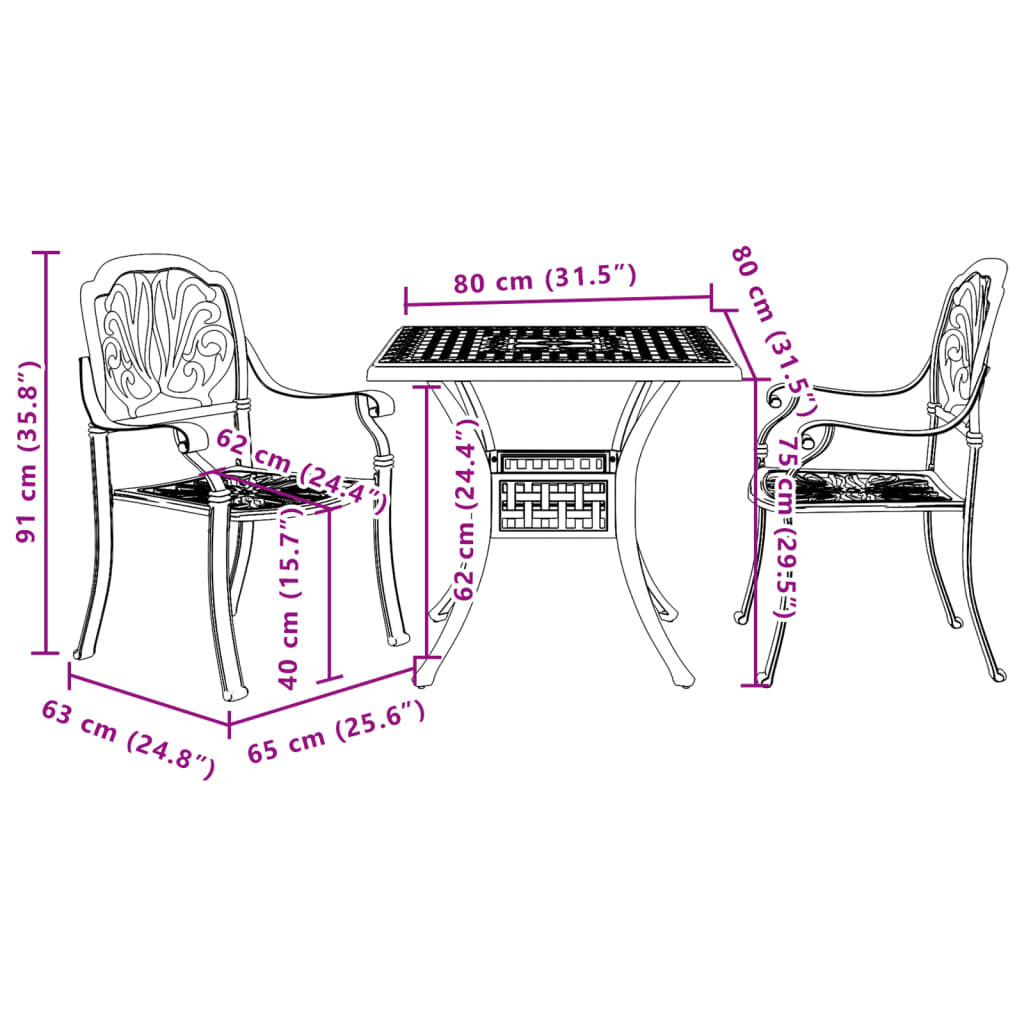 3-delige Bistroset gietaluminium bronskleurig