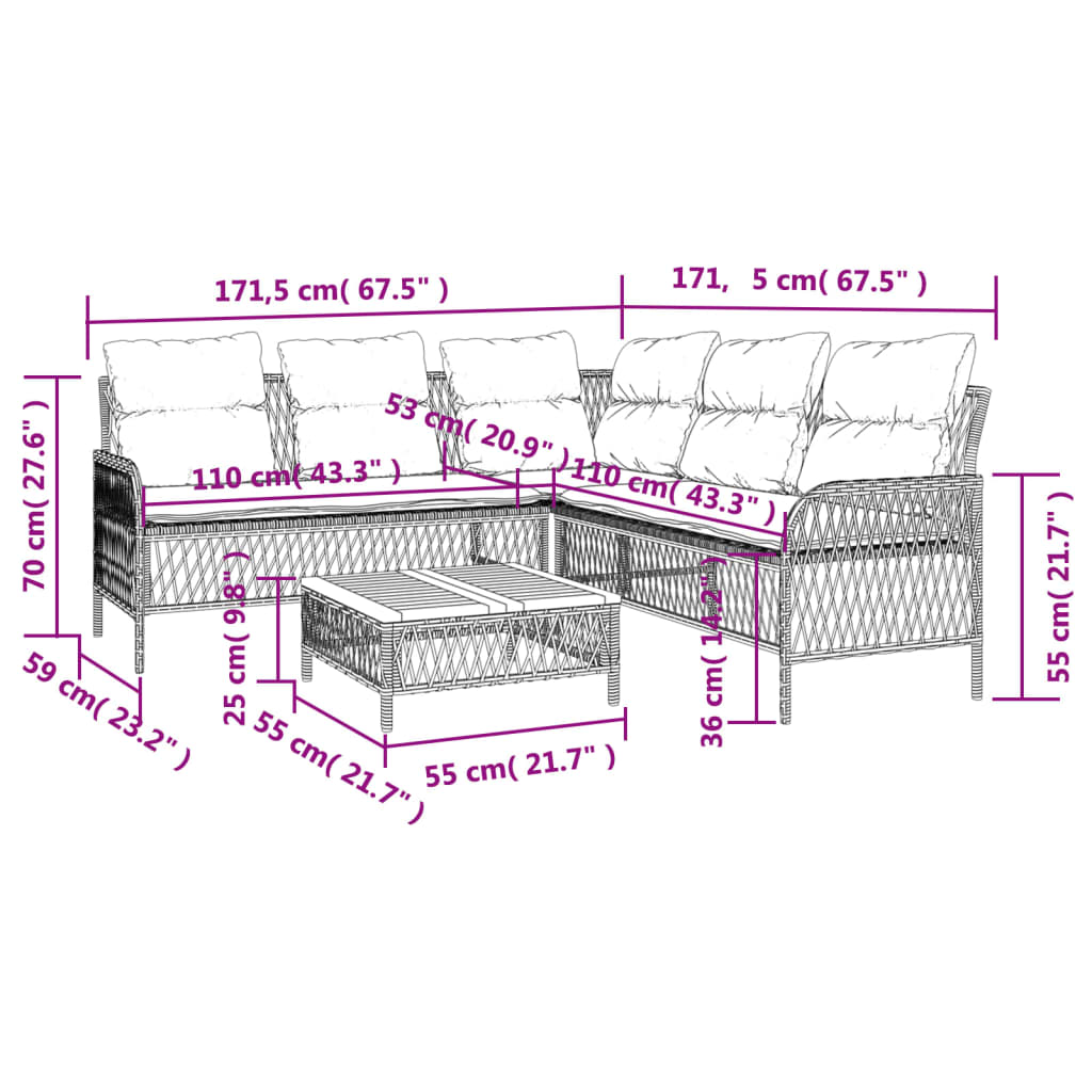 2-delige Loungeset met kussens poly rattan grijs