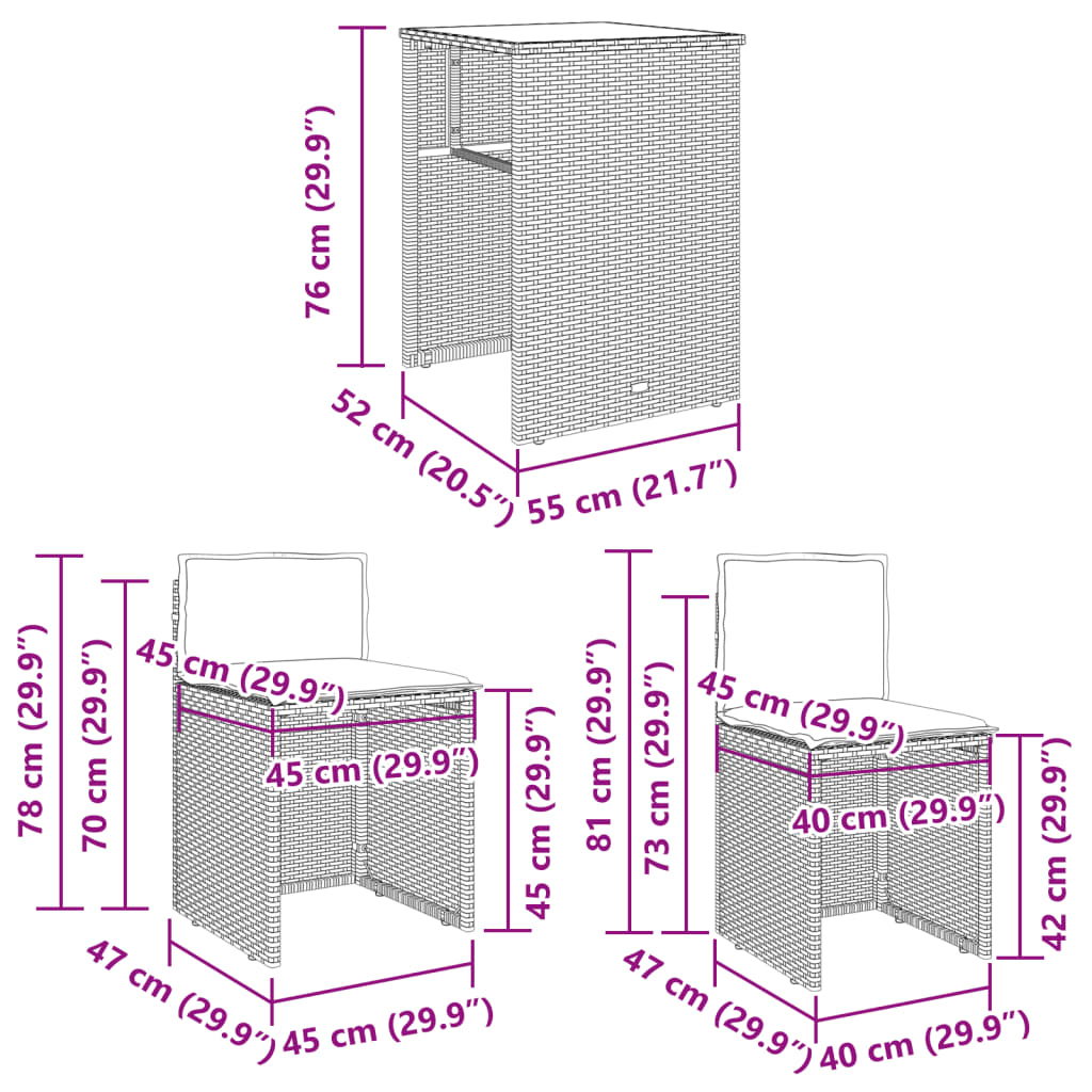 3-delige Bistroset met kussens poly rattan lichtgrijs