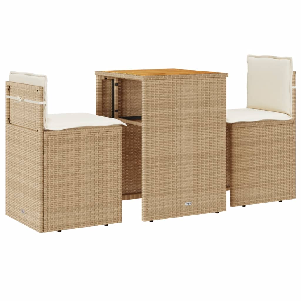 3-delige Bistroset met kussens poly rattan beige