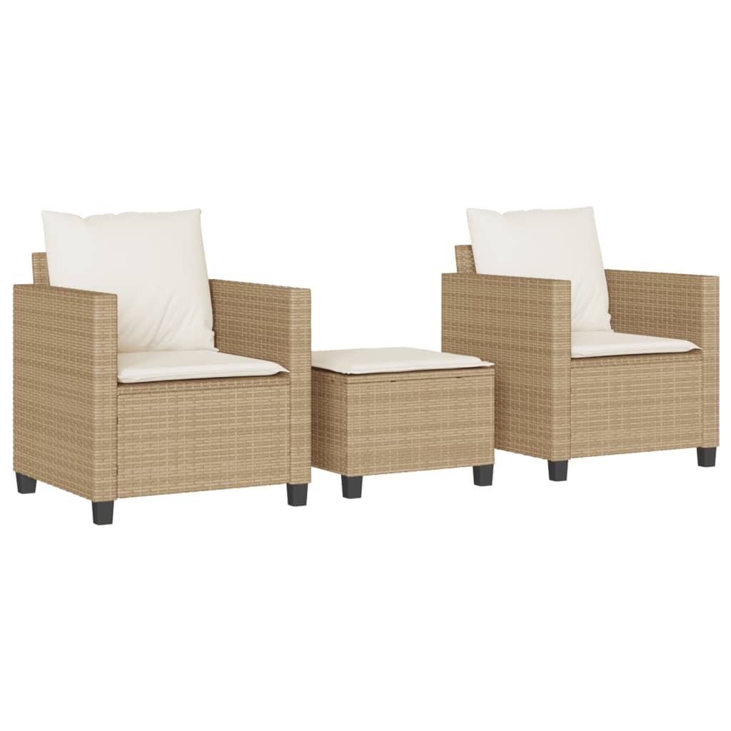 3-delige Bistroset met kussens poly rattan beige