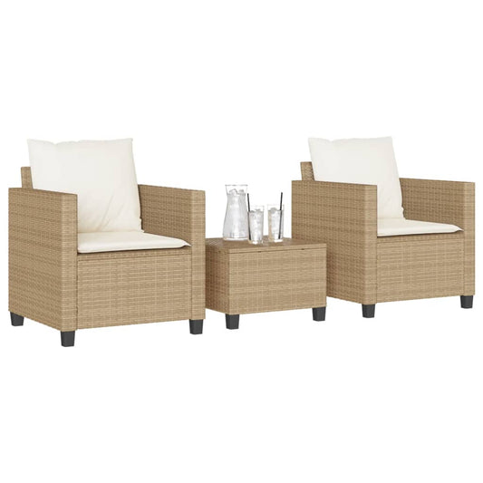 3-delige Bistroset met kussens poly rattan beige