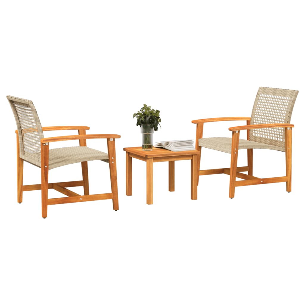 3-delige Bistroset poly rattan en acaciahout beige