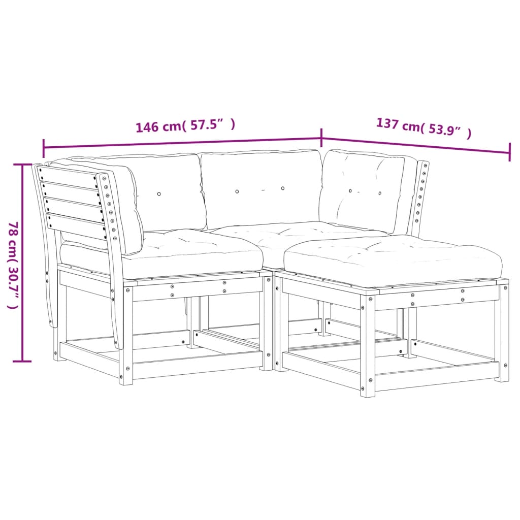 3-delige Loungeset met kussens massief grenenhout