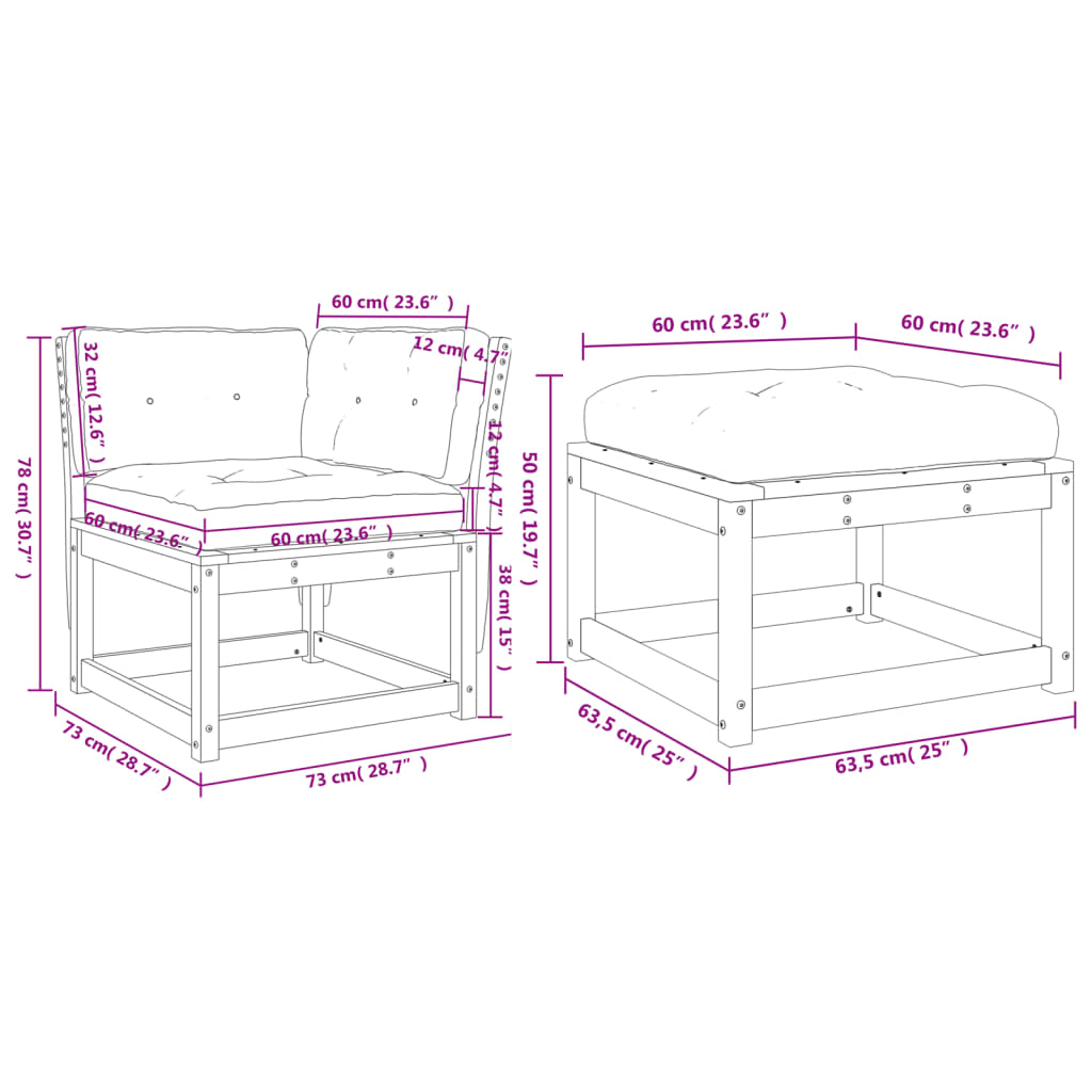 3-delige Loungeset met kussens massief grenenhout