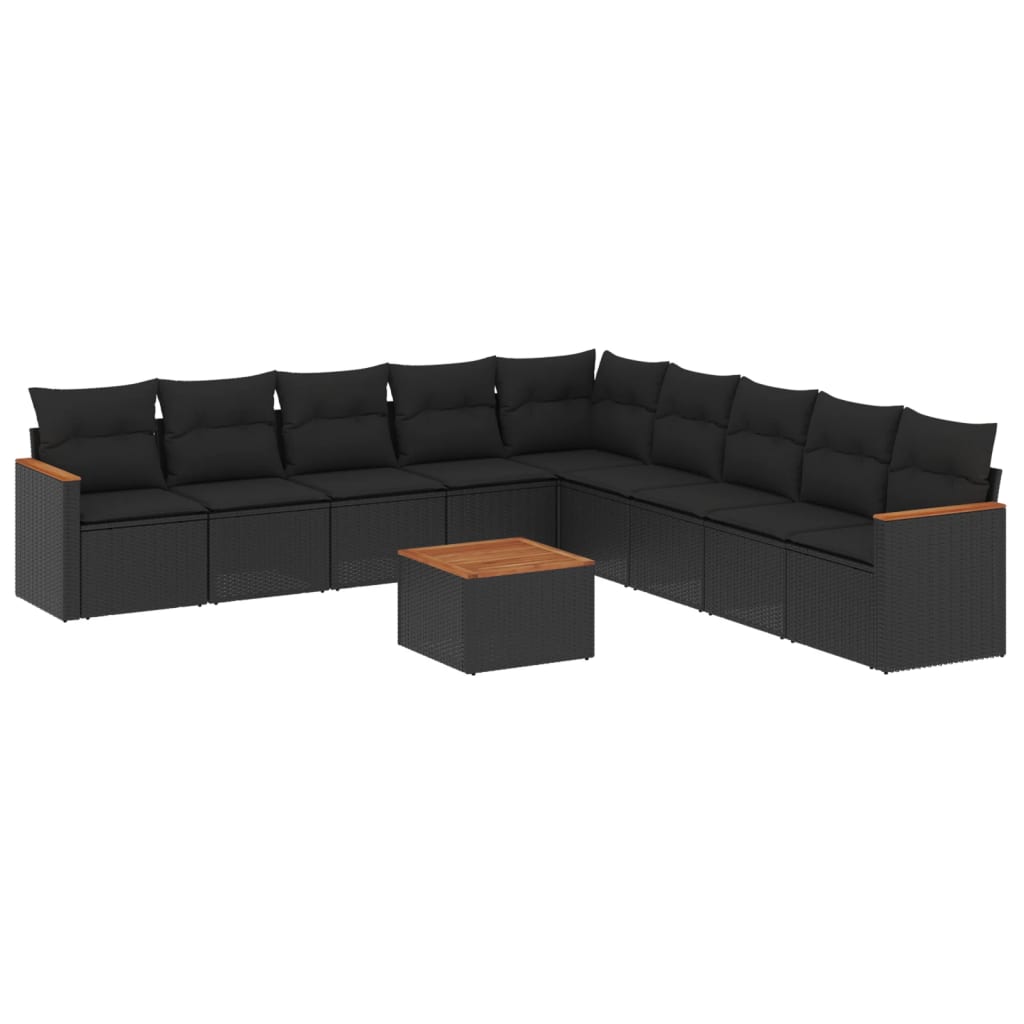 10-delige Loungeset met kussens poly rattan zwart