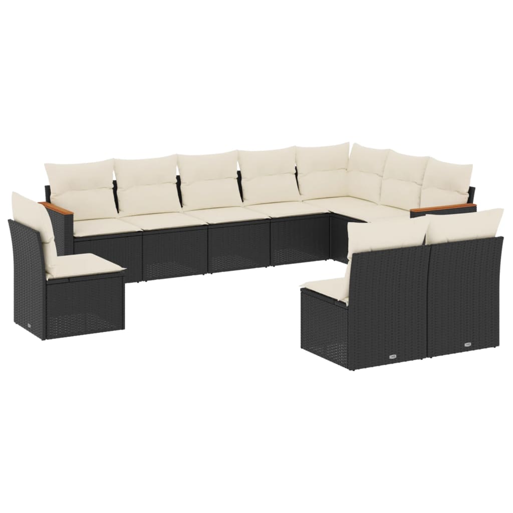 10-delige Loungeset met kussens poly rattan zwart