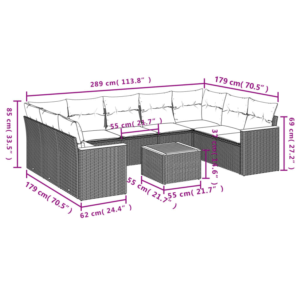 10-delige Loungeset met kussens poly rattan zwart