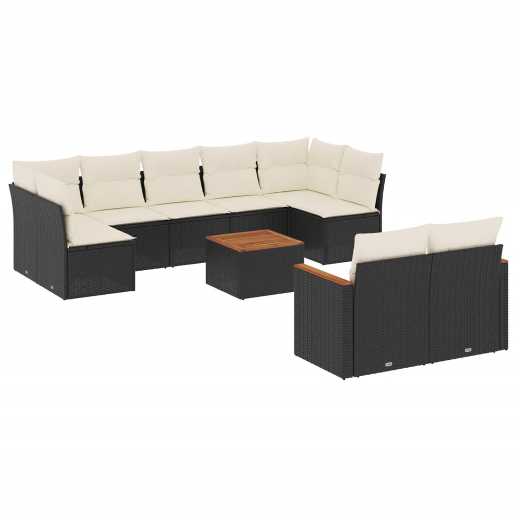 10-delige Loungeset met kussens poly rattan zwart