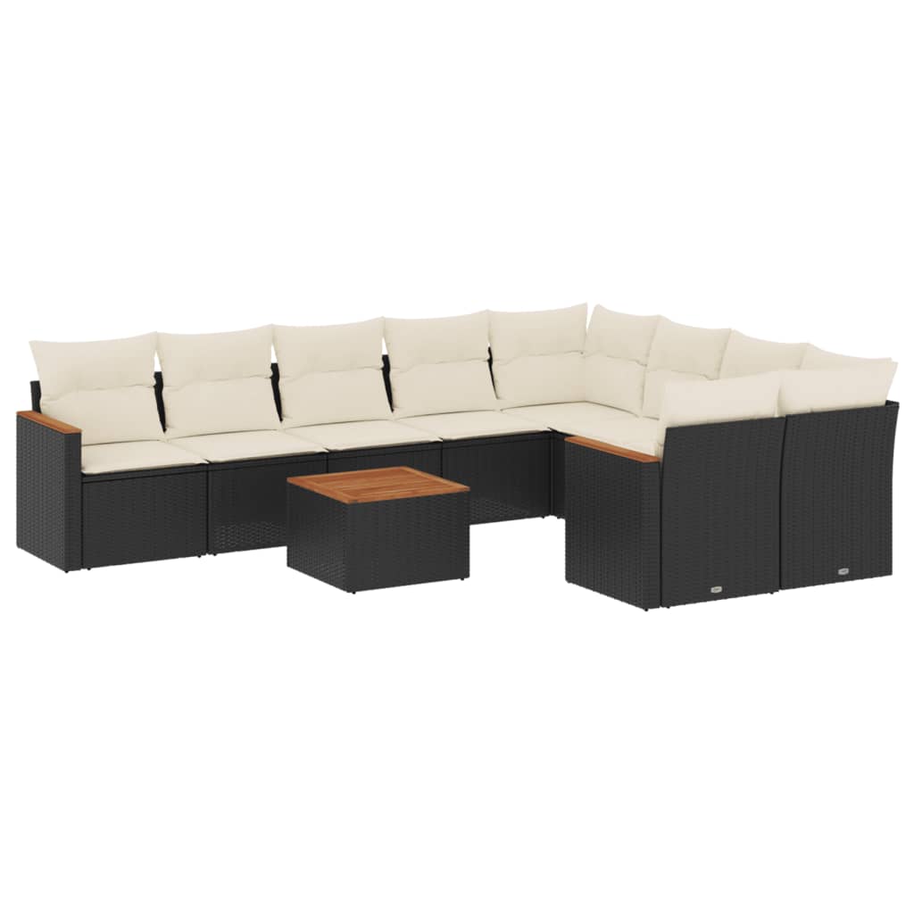 10-delige Loungeset met kussens poly rattan zwart