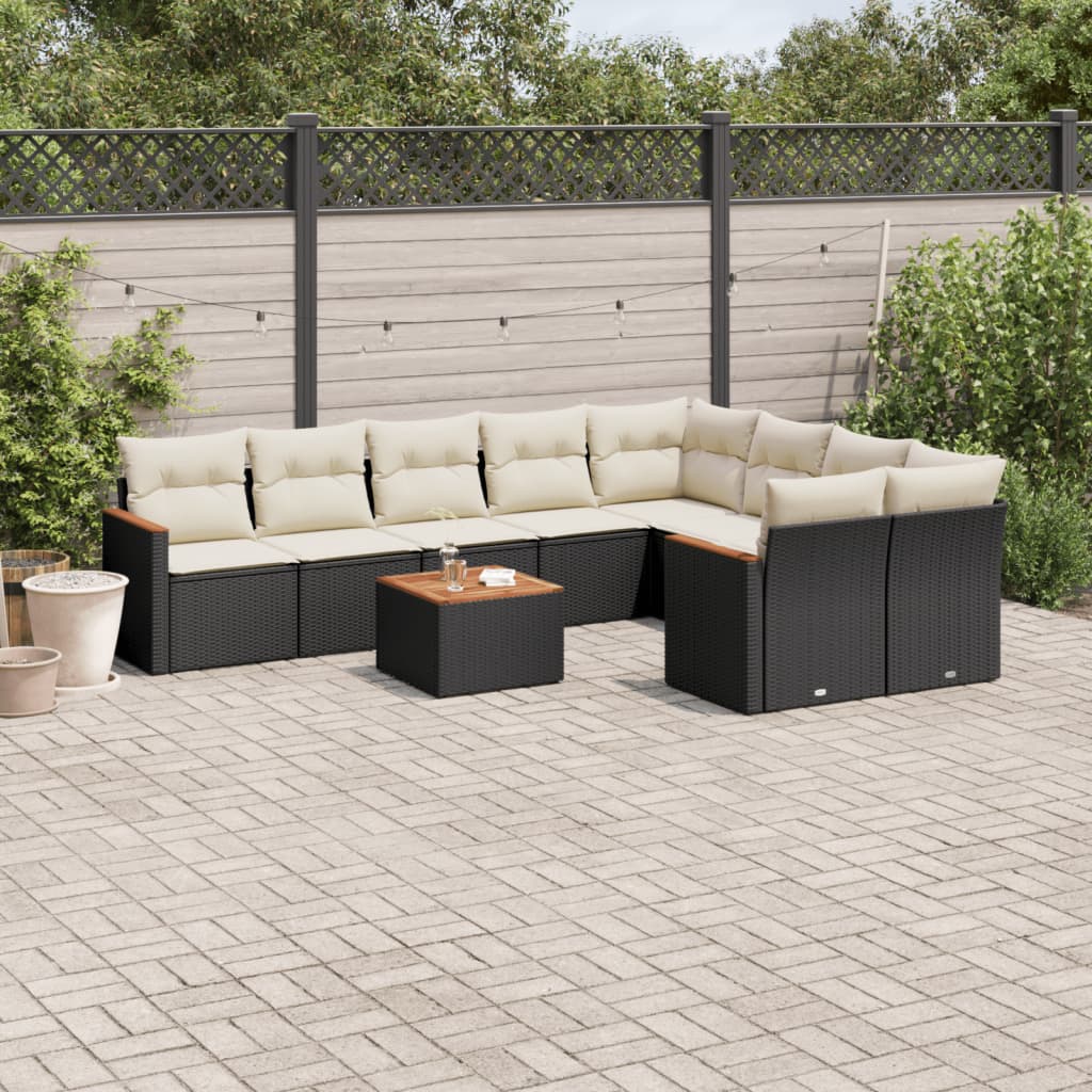 10-delige Loungeset met kussens poly rattan zwart