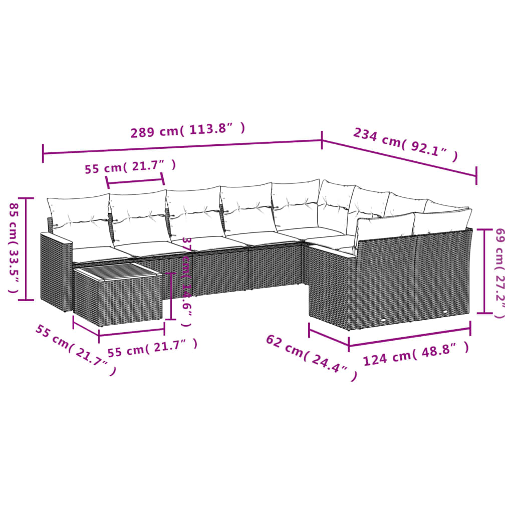 10-delige Loungeset met kussens poly rattan zwart