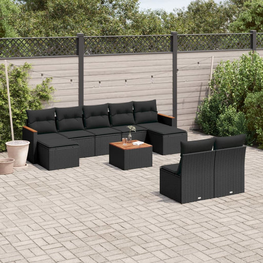 10-delige Loungeset met kussens poly rattan zwart