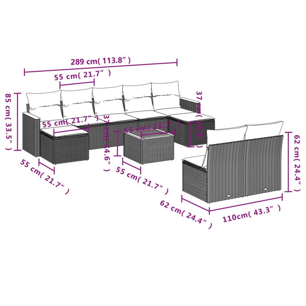 10-delige Loungeset met kussens poly rattan zwart