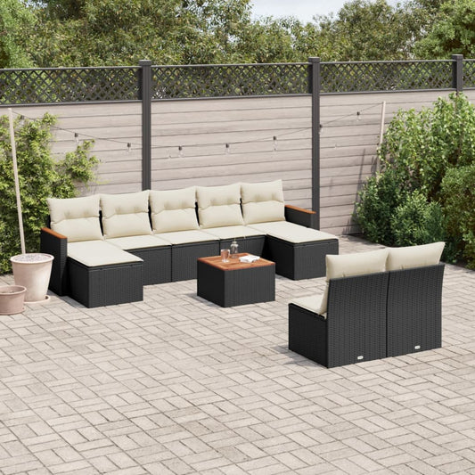 10-delige Loungeset met kussens poly rattan zwart