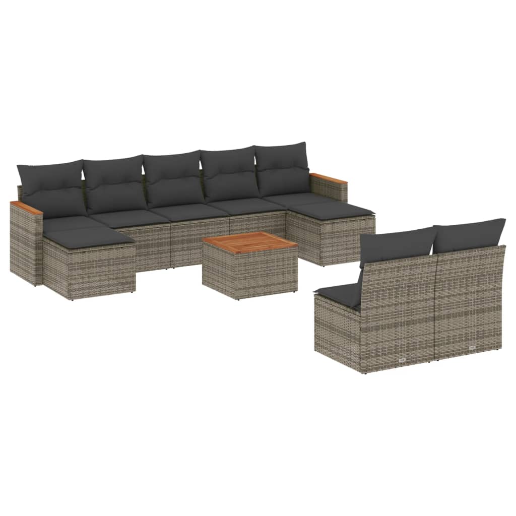 10-delige Loungeset met kussens poly rattan grijs