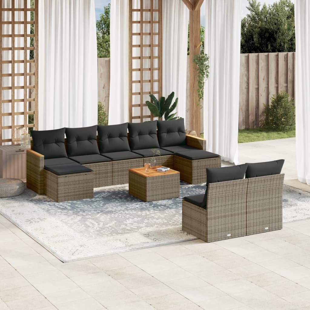 10-delige Loungeset met kussens poly rattan grijs