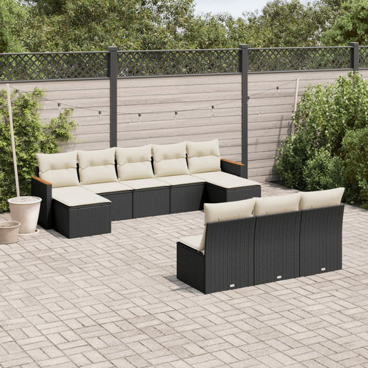 10-delige Loungeset met kussens poly rattan zwart