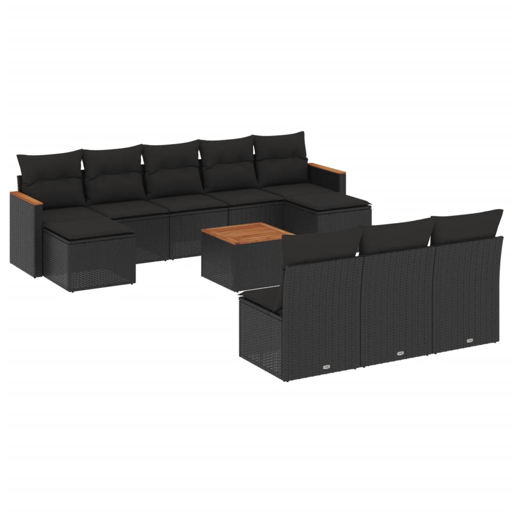 11-delige Loungeset met kussens poly rattan zwart