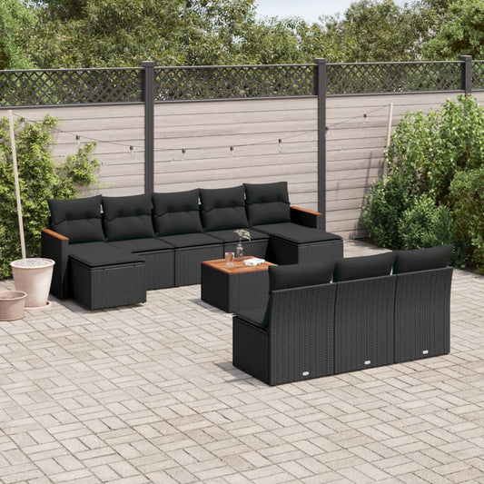 11-delige Loungeset met kussens poly rattan zwart