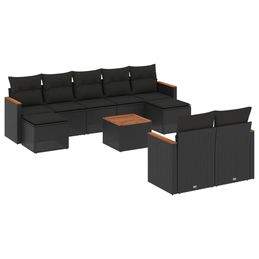 10-delige Loungeset met kussens poly rattan zwart