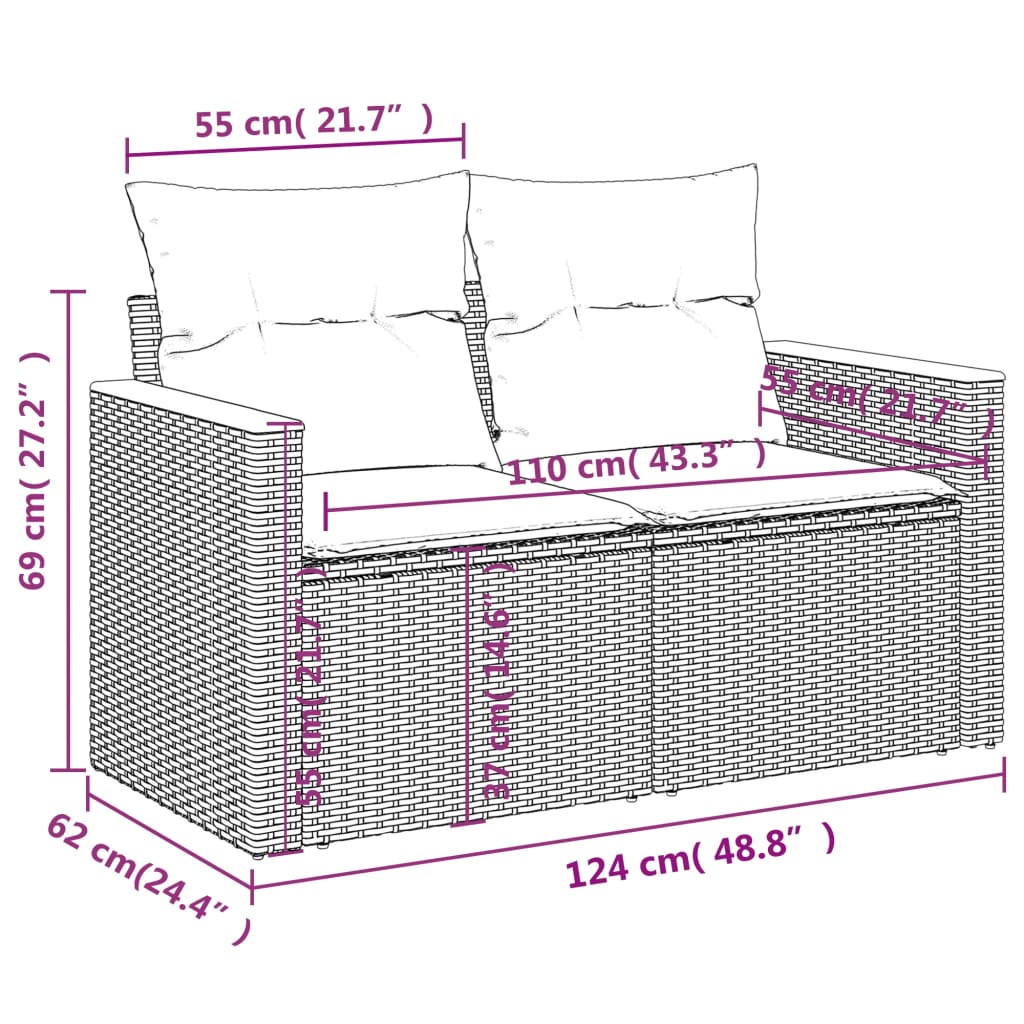 10-delige Loungeset met kussens poly rattan zwart