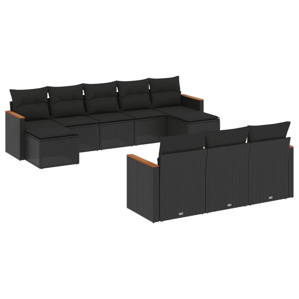 10-delige Loungeset met kussens poly rattan zwart