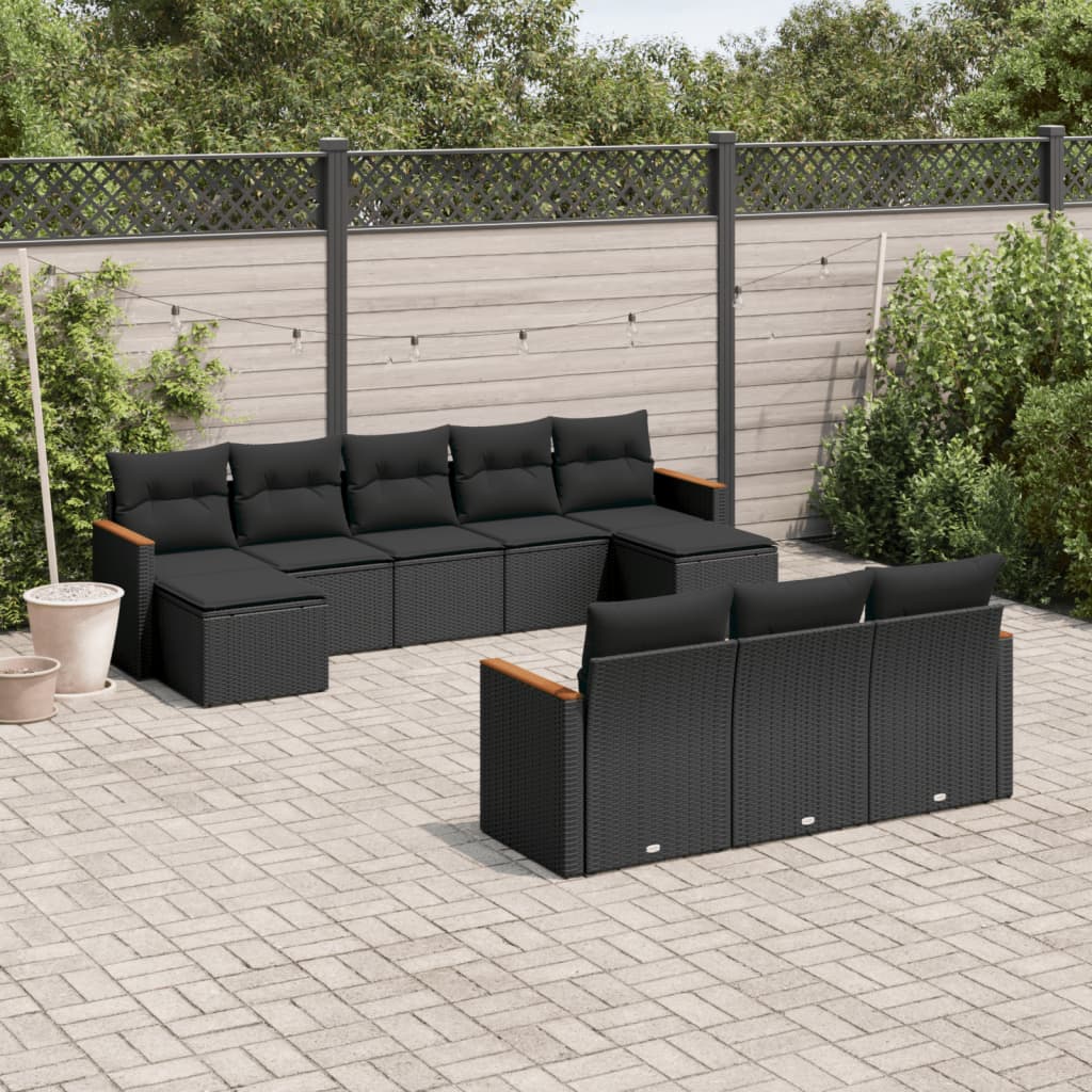 10-delige Loungeset met kussens poly rattan zwart