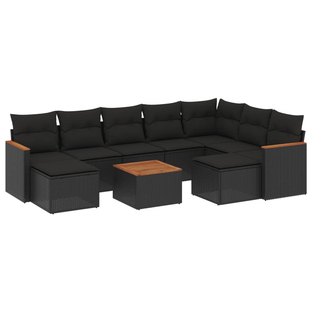 10-delige Loungeset met kussens poly rattan zwart