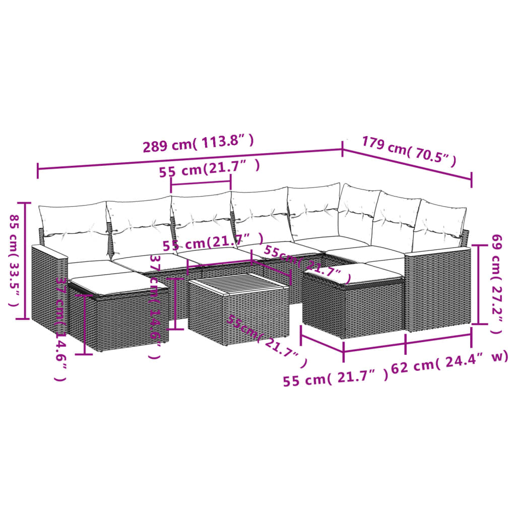 10-delige Loungeset met kussens poly rattan zwart