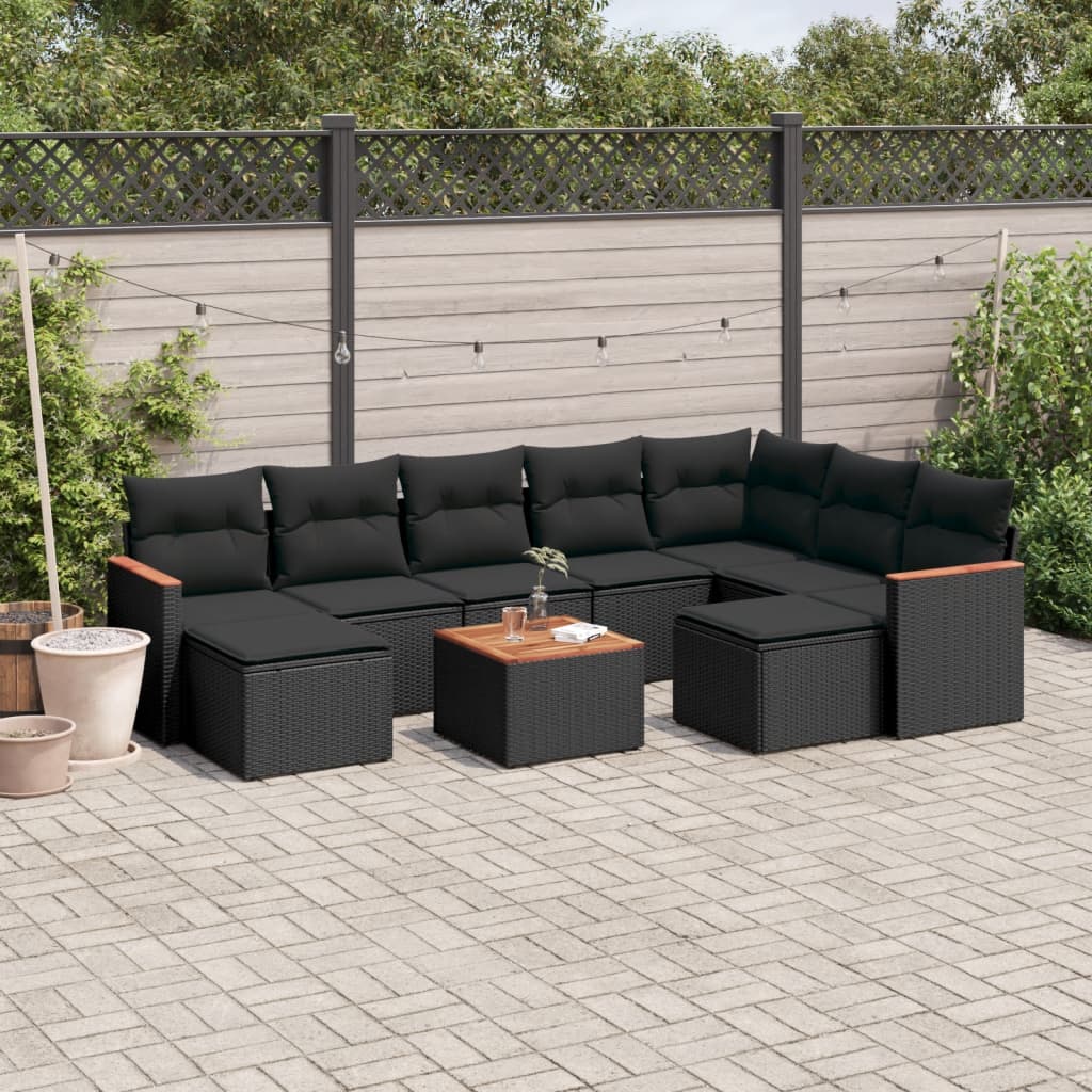 10-delige Loungeset met kussens poly rattan zwart