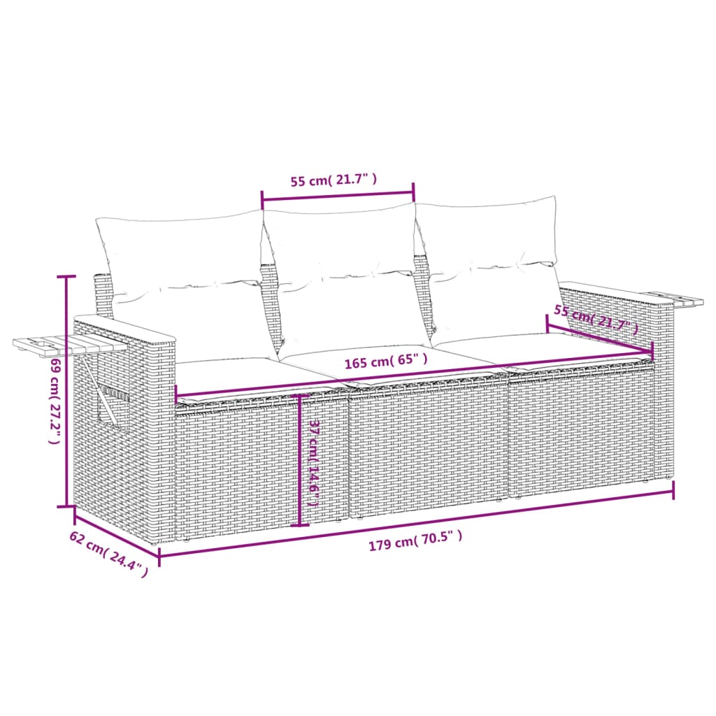 3-delige Loungeset met kussens poly rattan zwart