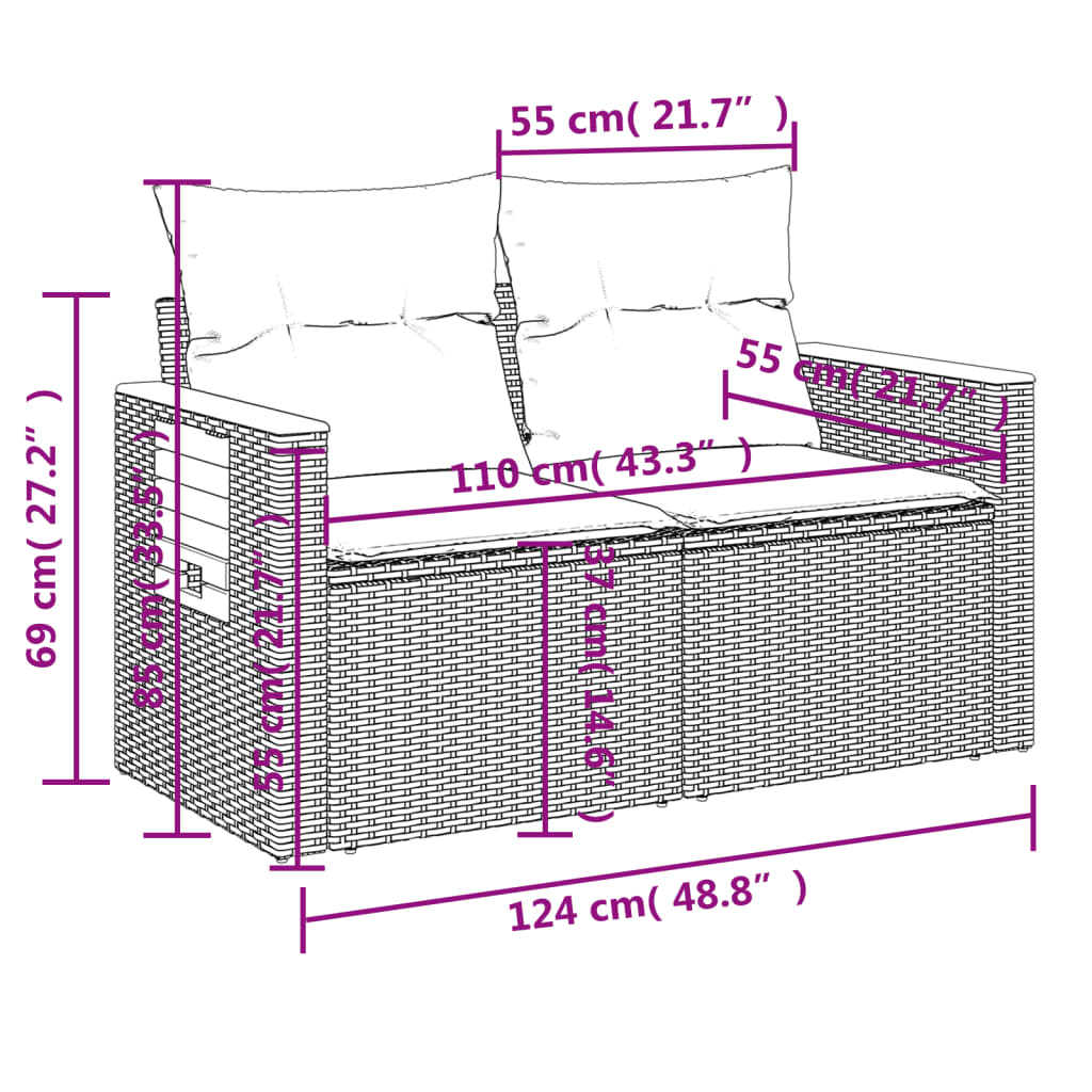 3-delige Loungeset met kussens poly rattan zwart