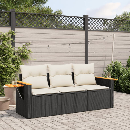 3-delige Loungeset met kussens poly rattan zwart