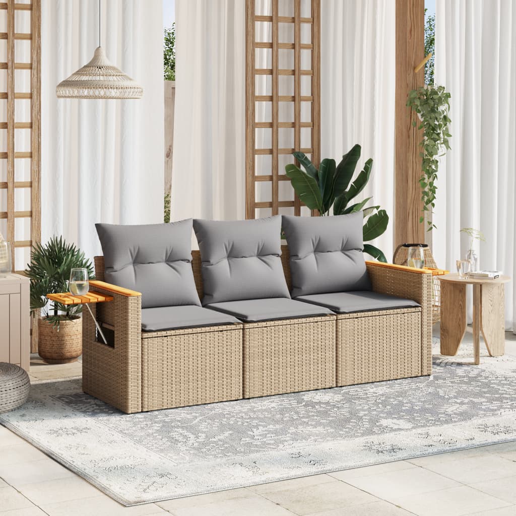 3-delige Loungeset met kussens poly rattan beige