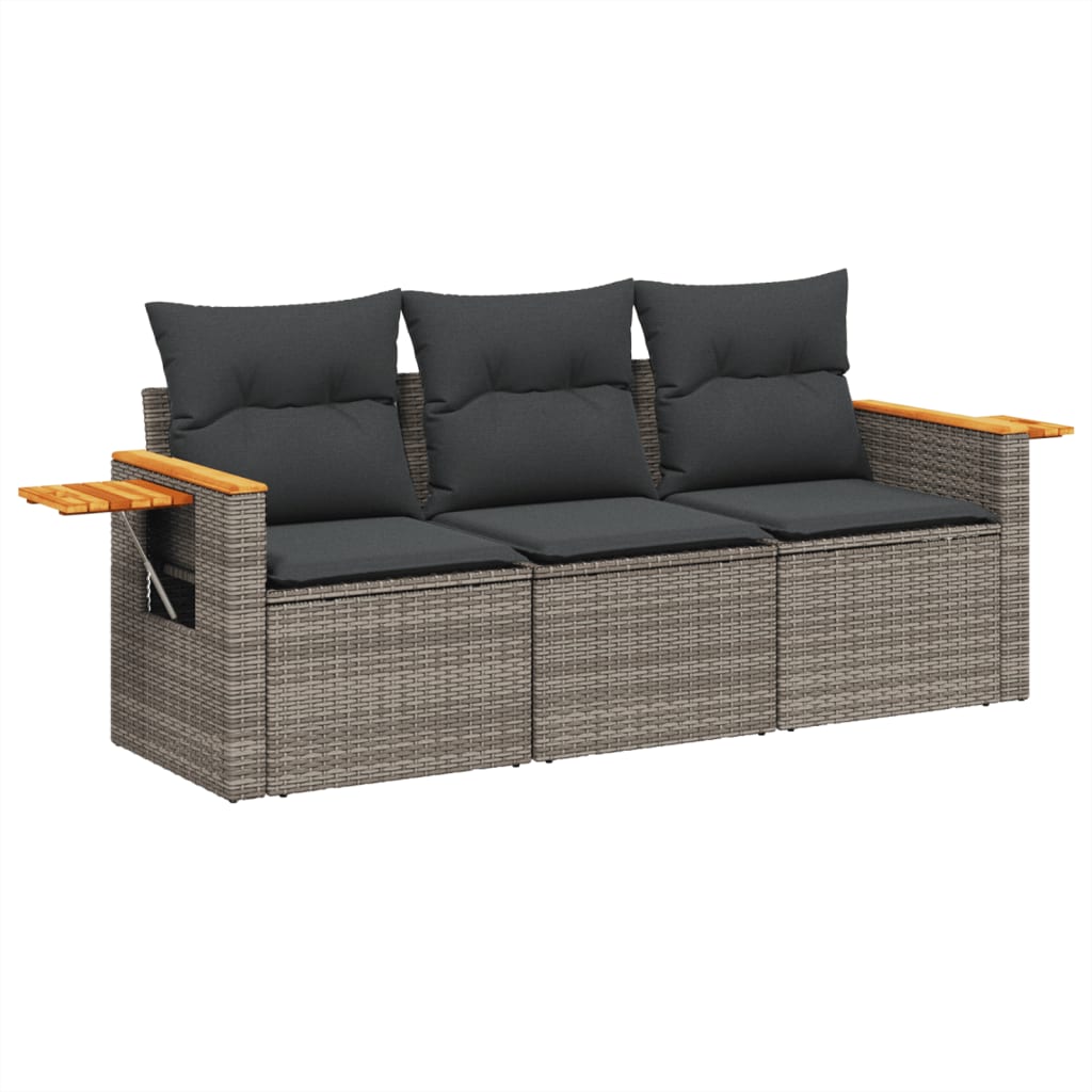 3-delige Loungeset met kussens poly rattan grijs