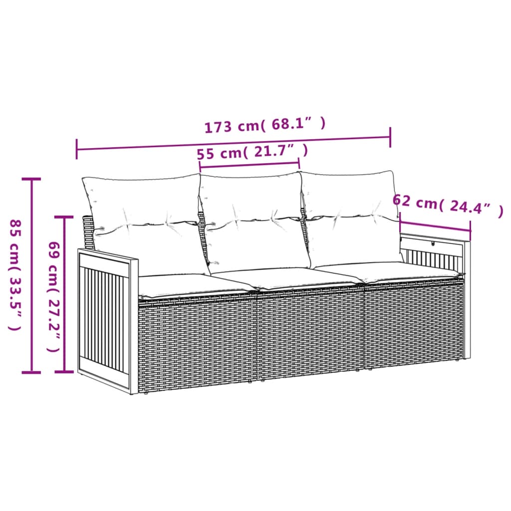 3-delige Loungeset met kussens poly rattan zwart