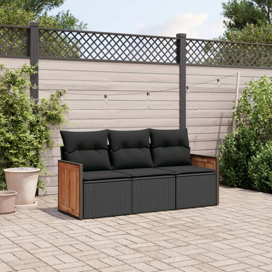 3-delige Loungeset met kussens poly rattan zwart